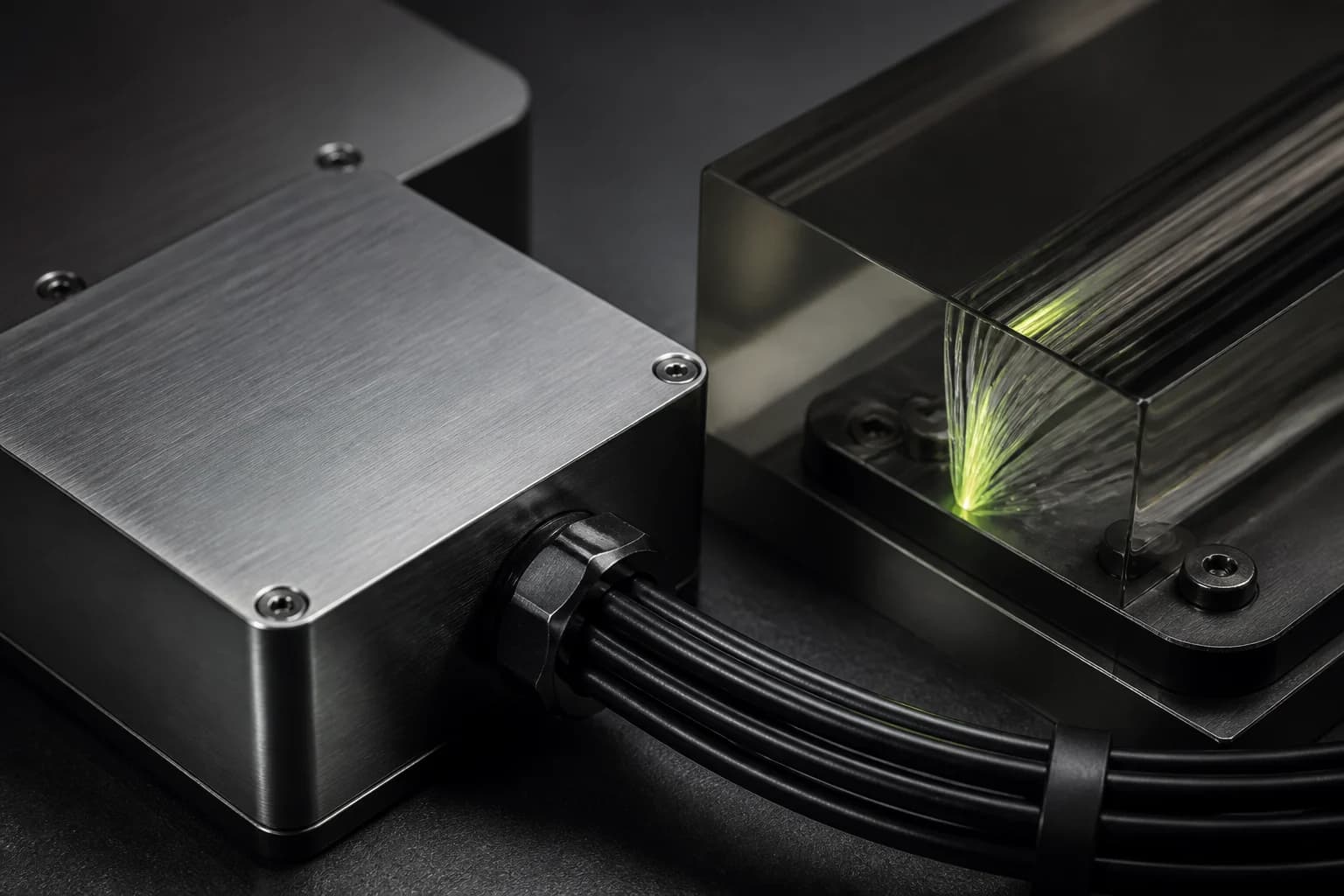 Güvenli yapay zekâ altyapısını temsil eden metal ve optik sistem